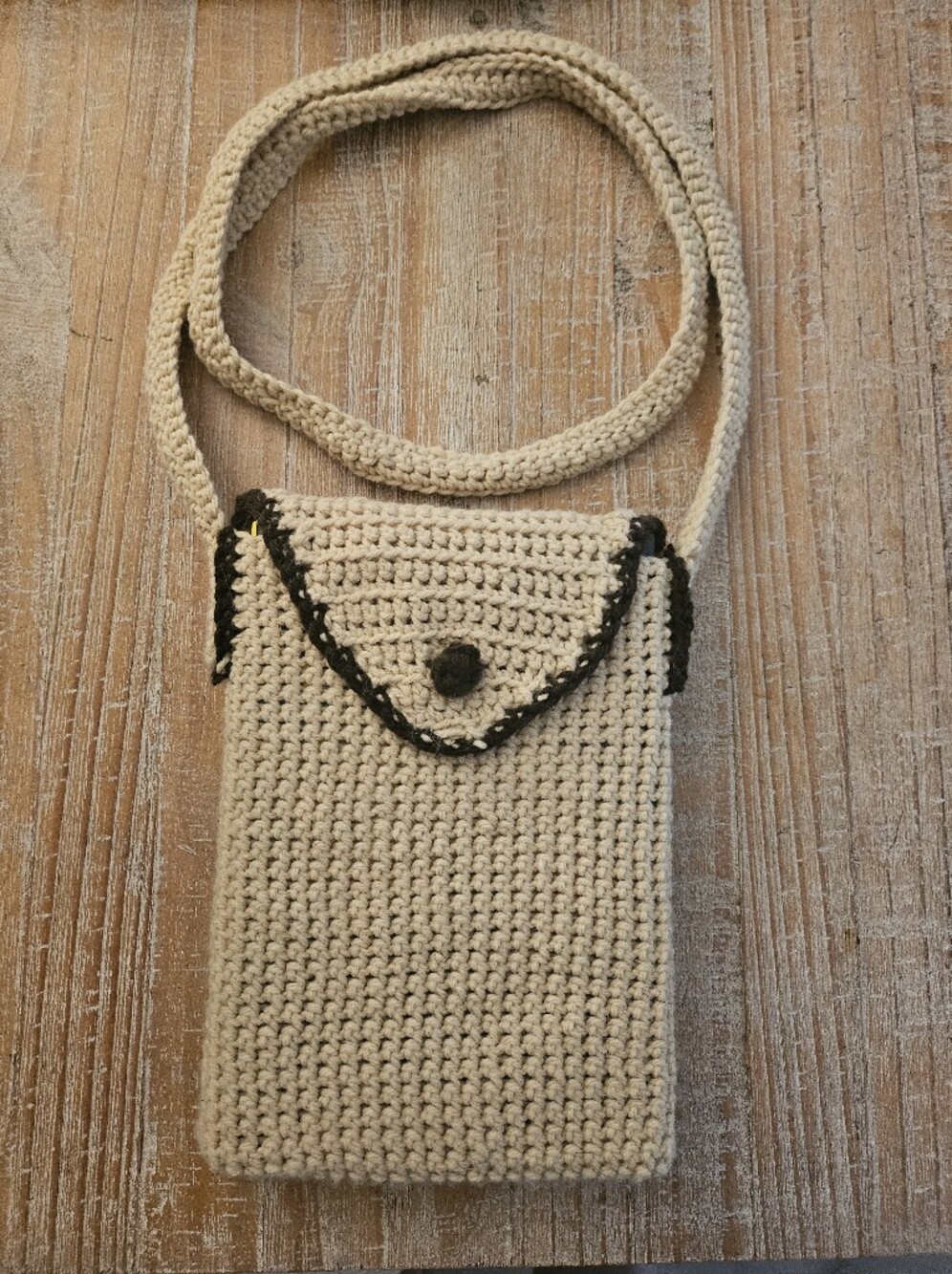 Handmade Cream Crochet Crossbody Book Cover Bag with Brown Trim